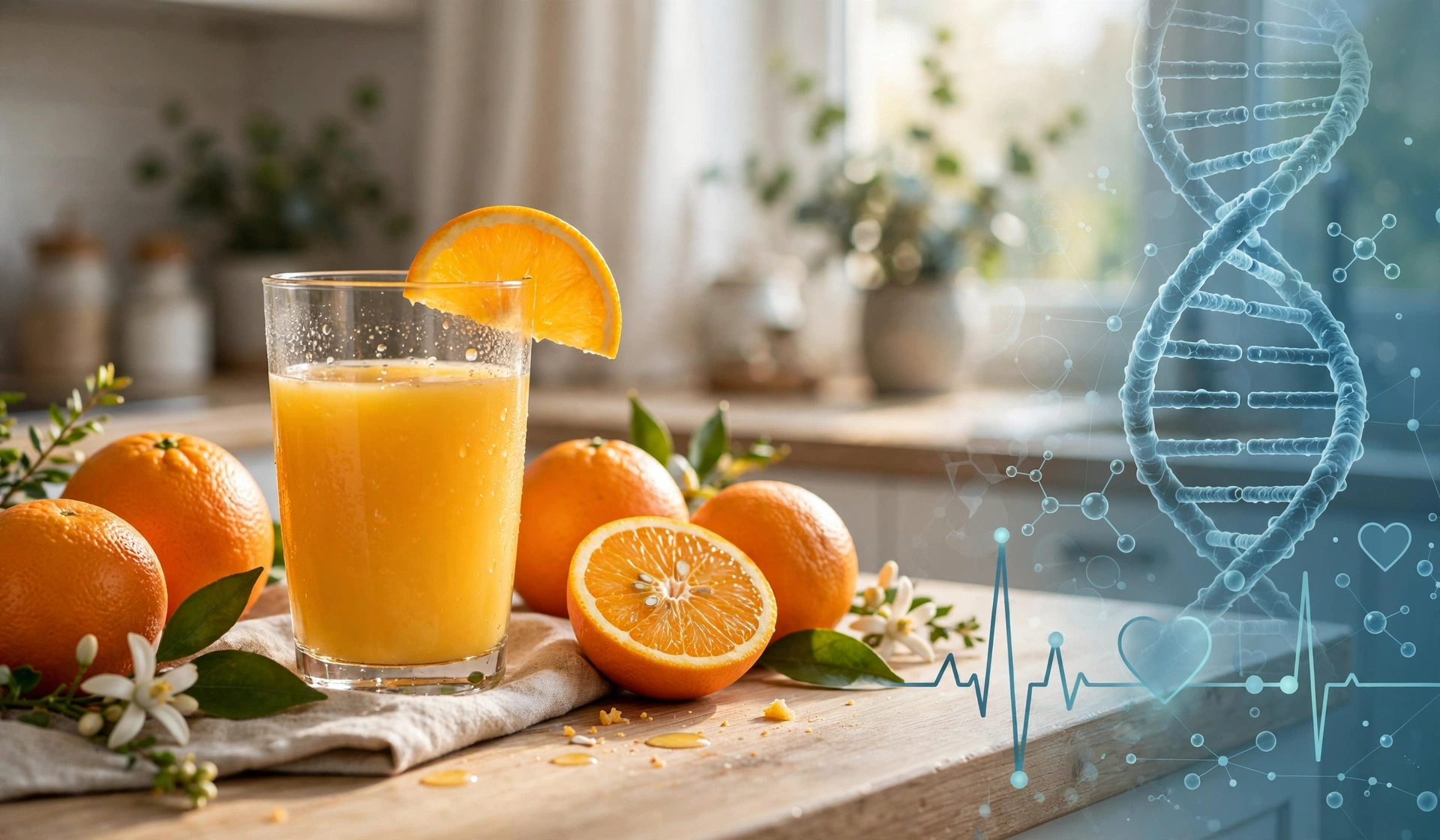 Daily orange juice influences thousands of immune genes linked to inflammation blood pressure metabolism cholesterol while hesperidin and gut bacteria improve heart health.