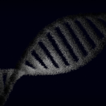 Artistic rendering of a DNA strand with particle effects against a dark background.