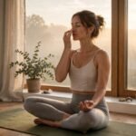 Morning pranayama yogic breathing benefits: reduce stress, improve concentration, support breathing, refresh body, better sleep, healthy routine. Practice gently within comfort level.